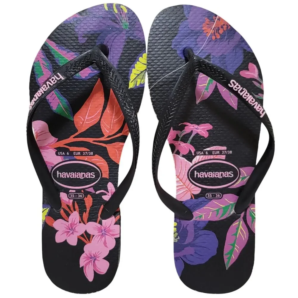 Havaianas Women Slim Floral Flip Flop Sandals Size US 6 Black Pink Flowers